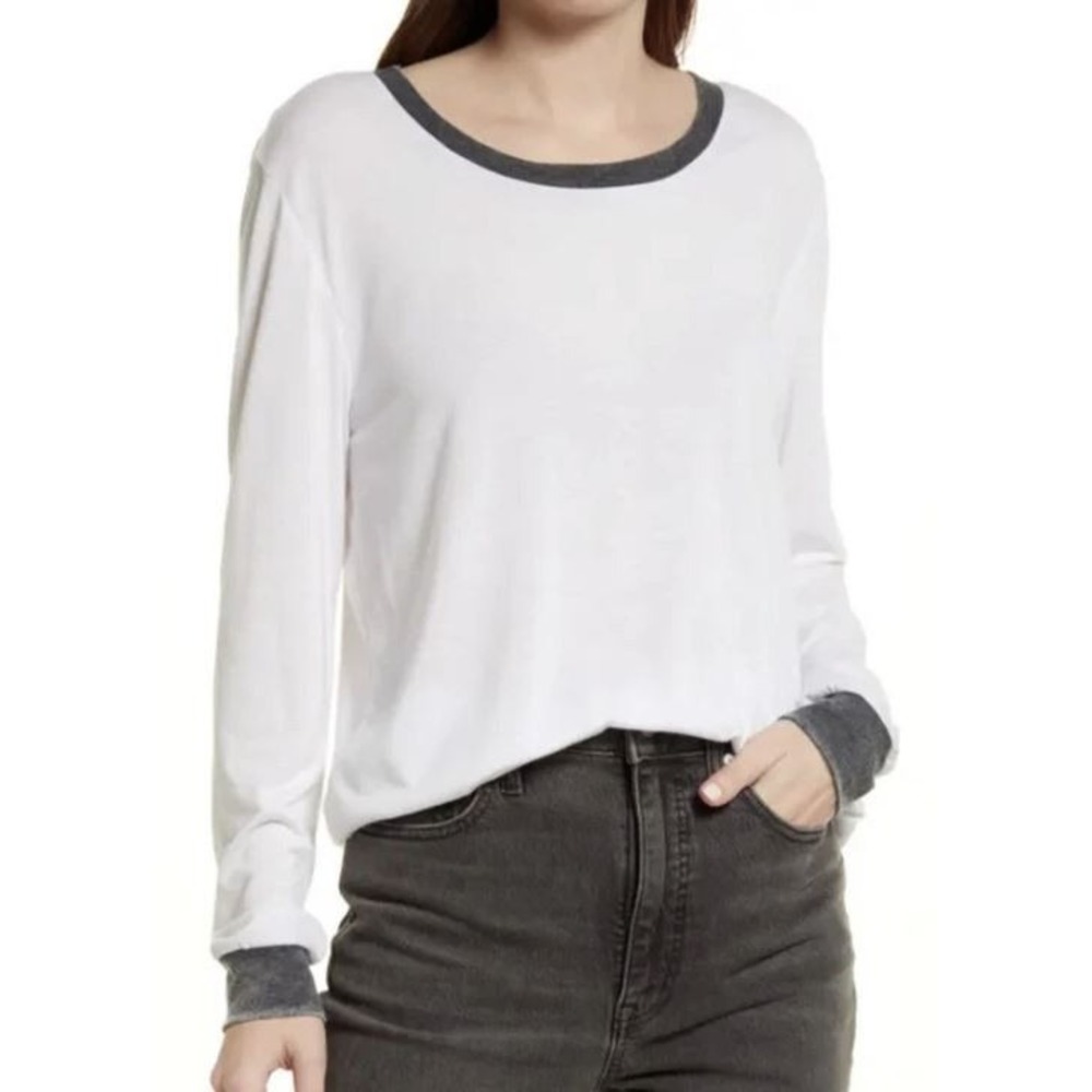 Treasure & Bond Women's Plus Size Long Sleeve Ringer T-Shirt White/Charcoal 3X